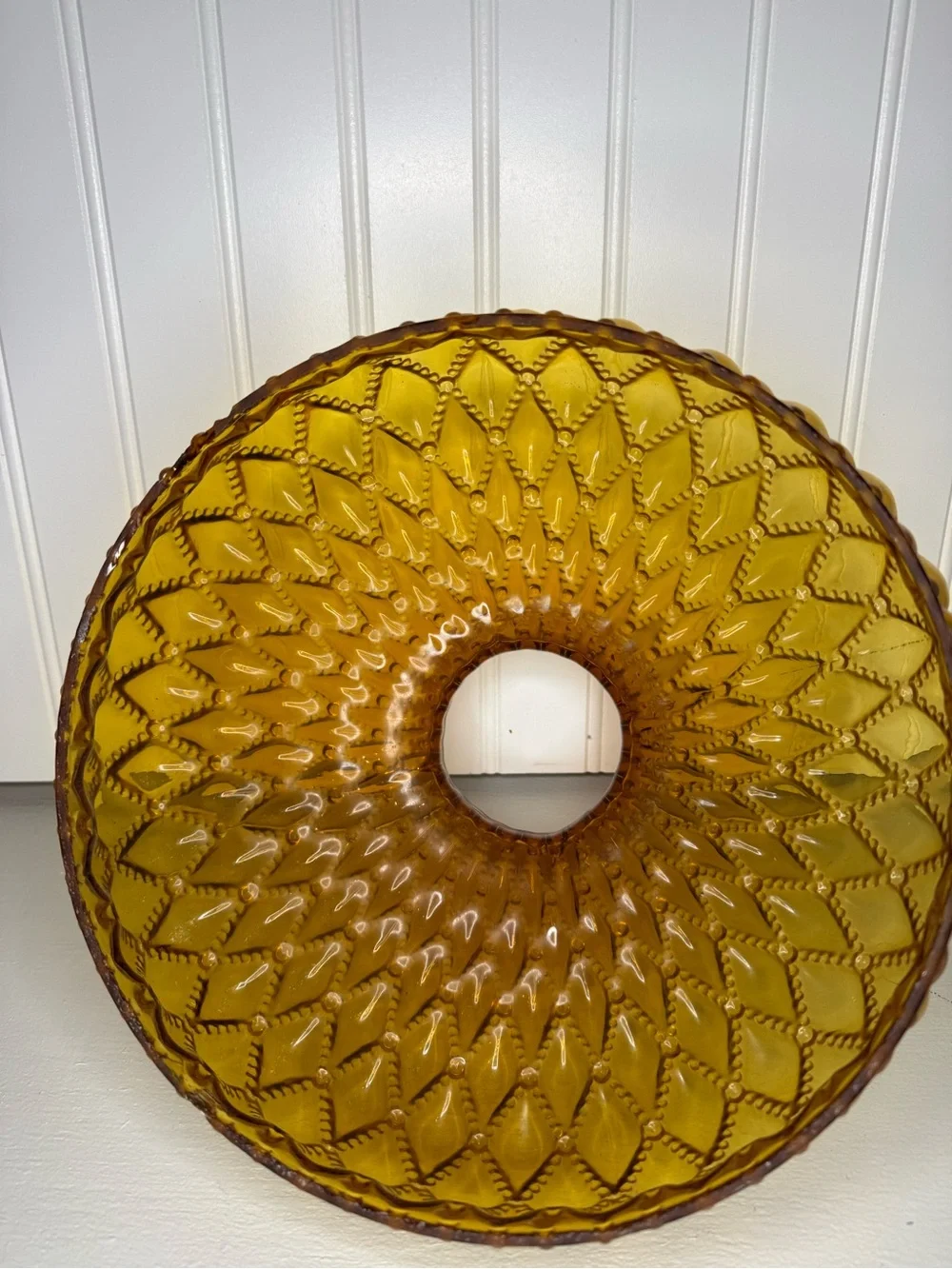 VTG Large 10” Fitter Amber Glass Hurricane Lamp Shade Diamond Quilted Ruffle